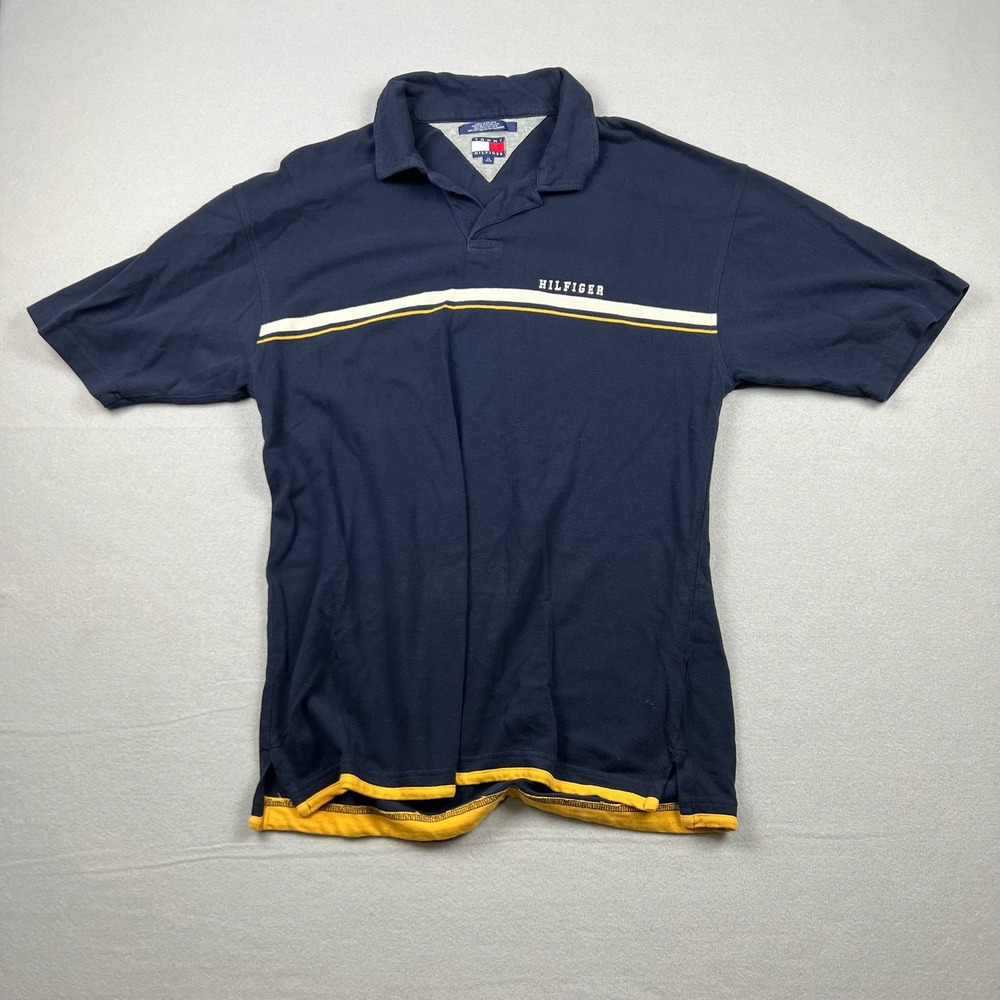 Vintage Y2K Tommy Hilfiger Men XL Navy Blue Striped Pique Polo Shirt Chest Logo